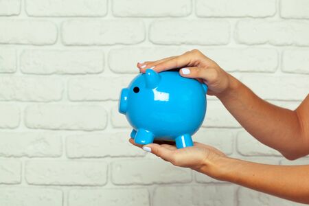 Blue piggy bank or money boxの写真素材