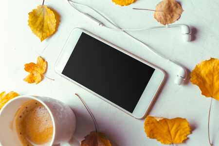 Top view smartphone mock up template with black screenの写真素材