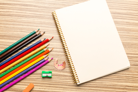 School supplies on wooden backgroundの写真素材