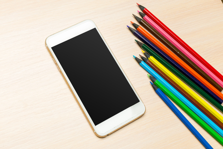 School supplies on wooden backgroundの写真素材