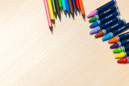 School supplies on wooden backgroundの写真素材