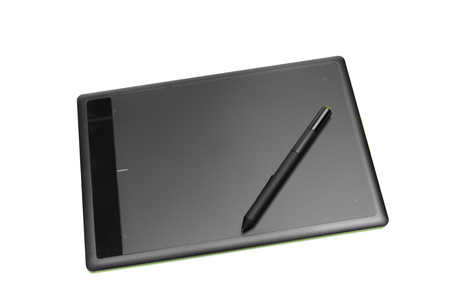 Graphic tablet with pen for illustrators and designers, isolated on white backgroundの写真素材