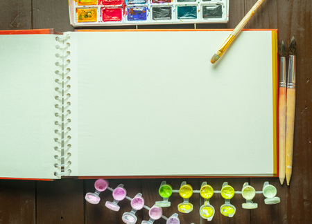 Set of watercolor paints and paintbrushes for paintingの写真素材