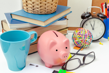 Work place of a creative person with a variety of colorful stationery objectsの写真素材