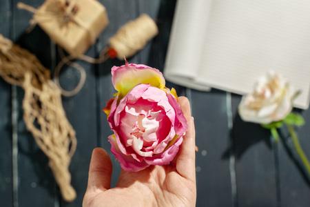 flowers with empty vintage notebook for your designの写真素材