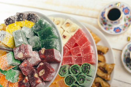 traditional eastern desserts on wooden backgroundの写真素材