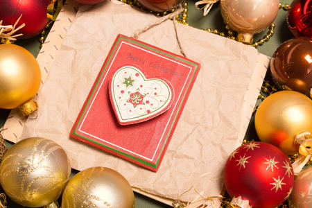 Greeting card  mock up with christmas ornamentsの写真素材