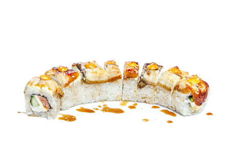 Sushi roll with fresh ingredients isolated on white backgroundの写真素材
