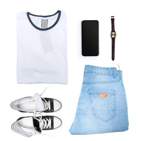 male clothes collection isolated on whiteの写真素材