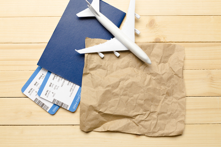 Travel objects on wooden backgroundの写真素材