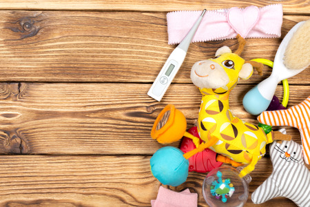 Baby accessories on tableの写真素材