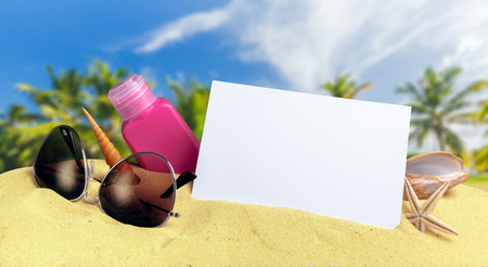 Sun protection set on beachの写真素材