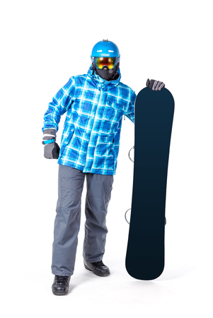 Portrait of young man in sportswear with snowboard isolated on a white background.の写真素材