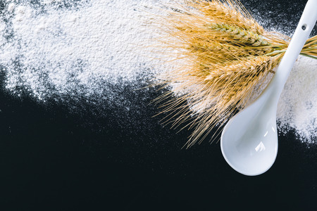 Wheat ears and flour on black backgroundの写真素材