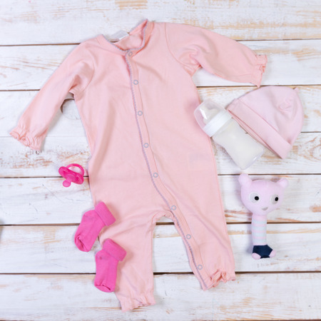 set of fashion trendy clothes and kids stuff for little baby girlの写真素材