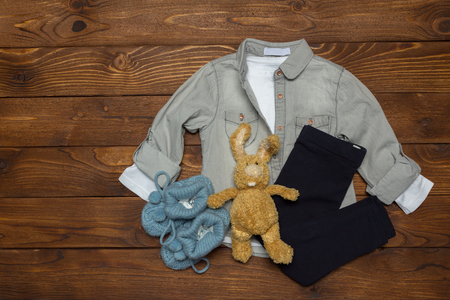 clothes on wooden tableの写真素材