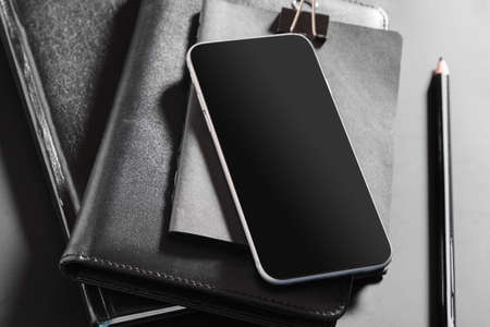 modern black office desktop sceneの写真素材