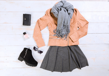 Overhead view of woman's casual outfitsの写真素材