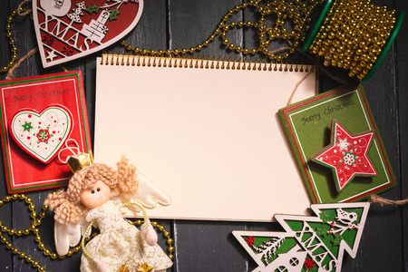 Greeting card  mock up with christmas ornamentsの写真素材