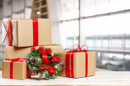 pile of gifts on the old tableの写真素材