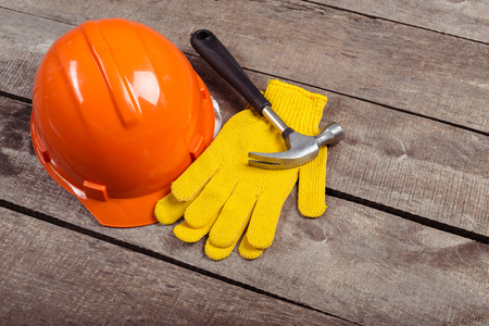 hardhat and old leather gloves