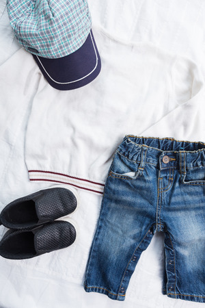 Baby boy  clothes  on white backgroundの写真素材