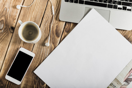 Freelance working environment view of wooden Deskの写真素材