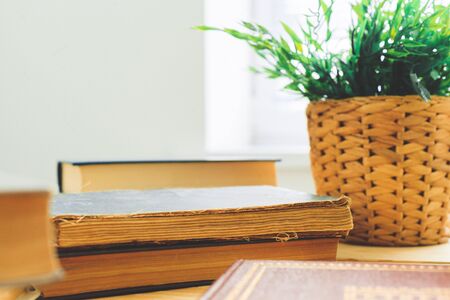 Books On Wooden Deskの写真素材