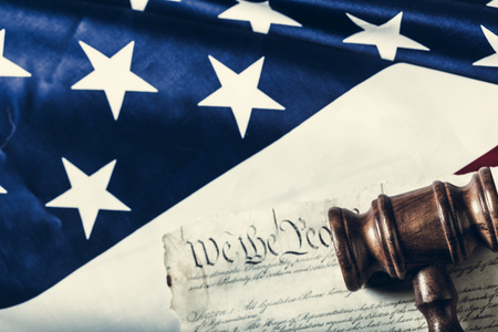 Wooden gavel and USA flag