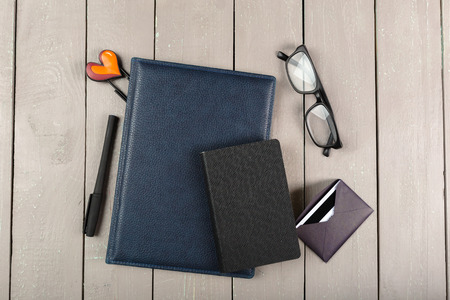 Office table desk with set of  suppliesの写真素材