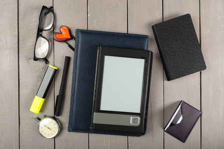 Office table desk with set of  suppliesの写真素材