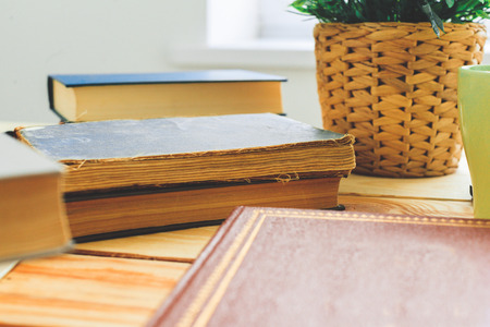 Books On Wooden Deskの写真素材