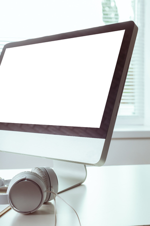 working table with computerの写真素材