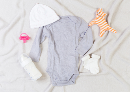 set of fashion trendy clothes and kids stuff for little baby girlの写真素材