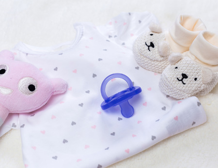set of fashion trendy clothes and kids stuff for little baby girlの写真素材