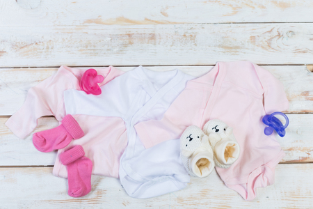 set of fashion trendy clothes and kids stuff for little baby girlの写真素材
