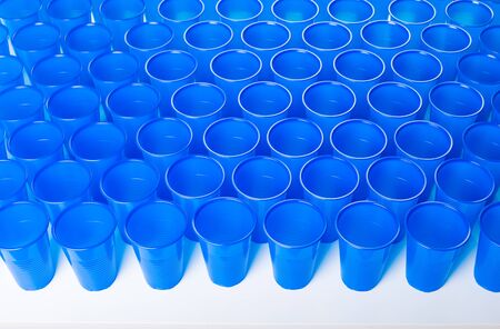 blue disposable plastic glassesの写真素材