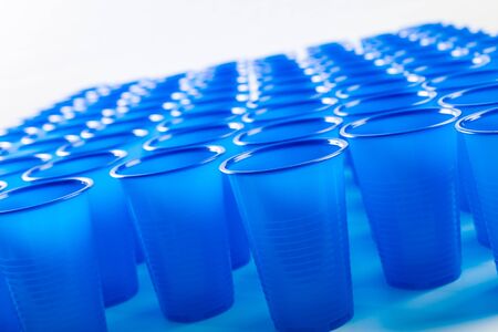 blue disposable plastic glassesの写真素材