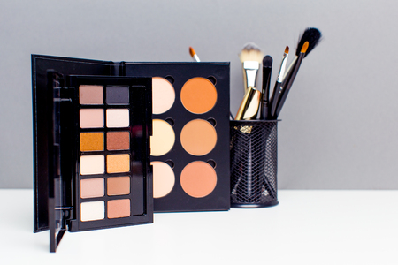 Decorative cosmetics on grey backgroundの写真素材