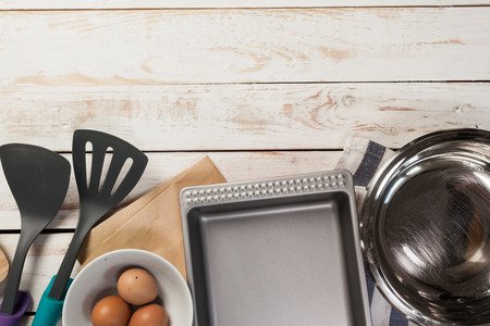 baking preparation, top view of a variety of baking utensils and ingredientsの写真素材