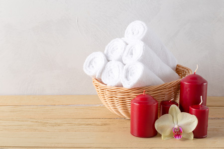 towels roll with flowerの写真素材