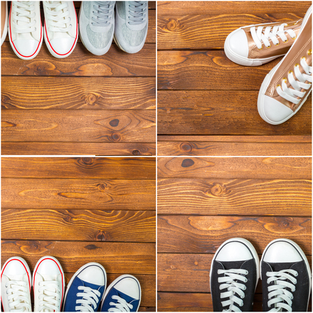 new sneakers on the wooden backgroundの写真素材