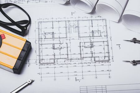 Project drawings and tools, close upの写真素材