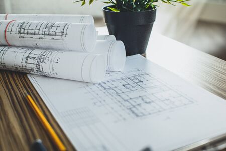 Project drawings and tools, close upの写真素材