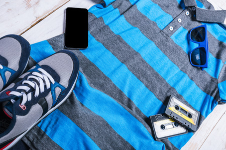 cool fashion casual men outfit on wooden tableの写真素材