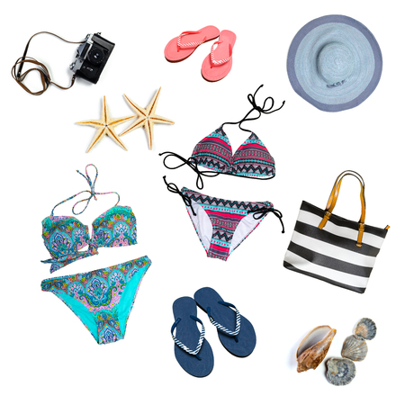 woman swimsuit beach accessories collage on white backgroundの写真素材