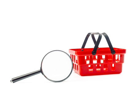 Shopping Red Cart and Magnifying Glassの写真素材
