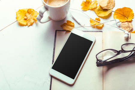 Top view smartphone mock up template with black screenの写真素材