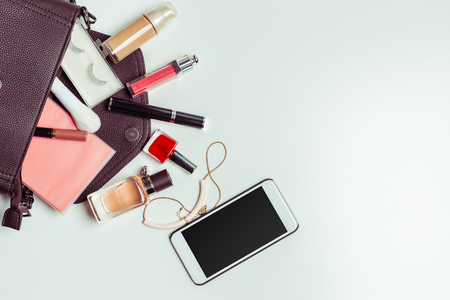 Brush and cosmetic isolated on a white background. Top view.の写真素材