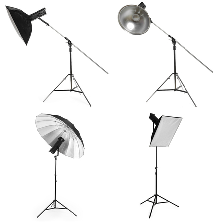 Photo studio lighting equipment isolated on whiteの写真素材